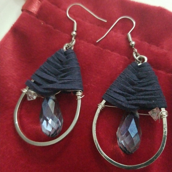 3/30 Leather crystal teardrop earrings owlheartinc double crystal - Picture 5 of 8